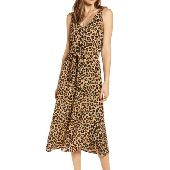 Treasure & Bond Sun Dress Size Small S Tan/Black Leopard‎ Midi Sleeveless V Neck - Picture 1 of 13